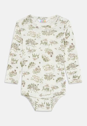 Body bébé à manches longues couleur crème avec un imprimé d'animaux de la forêt et d'arbres, press studs aux épaules et fermetures à pression au bas.