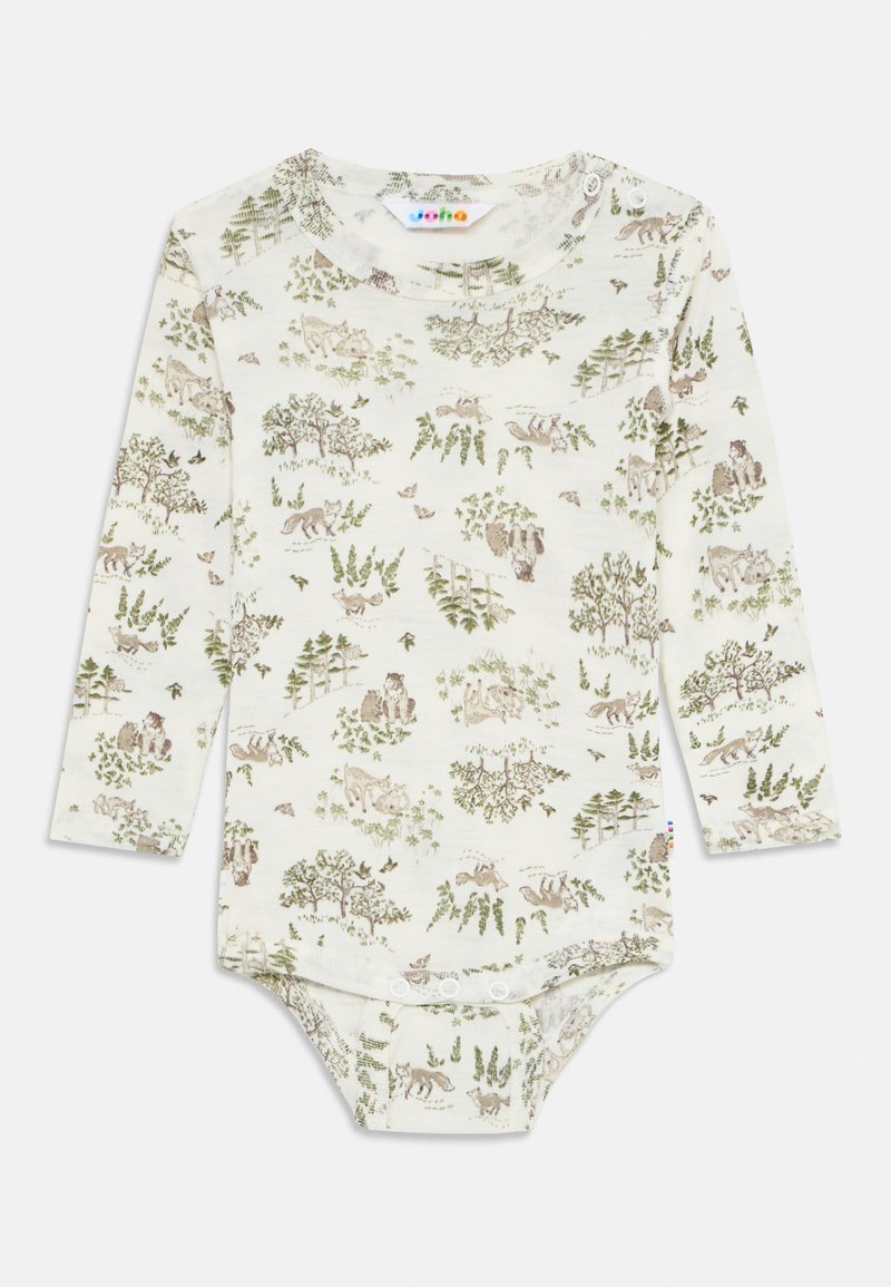 Kreemivärvi pikkvarrukatega beebikeeraja, millel on metsa loomade ja puu trükk, õlal nööbid ja allosas nööpide kinnitused.