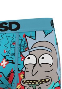 Close-up of blue underwear with cartoon faces from animated show "Rick and Morty," featuring large eyes, spiky hair, and colorful abstract patterns.