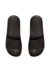 Black slide sandals with textured footbed, smooth strap featuring embossed "KUBOTA" logo. Flexible material, open design for easy wear.