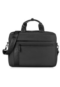 Czarna torba na laptopa wykonana z teksturowanego nylonu, z podwójnymi uchwytami, odpinanym paskiem na ramię oraz frontową kieszenią z suwakiem do przechowywania.