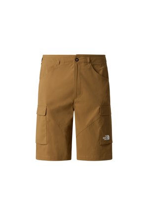 Braune Cargo-Shorts aus leichtem Material, mit mehreren Taschen, einem Knopfverschluss und einem Logo auf der Vorderseite.