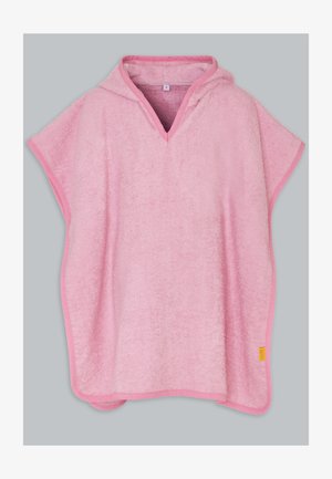 Poncho en tissu éponge rose doux à capuche avec bordure et côtés ouverts, taille petite.