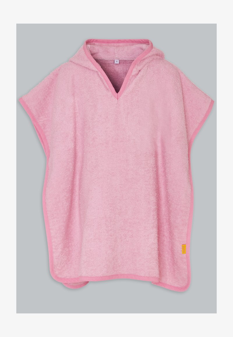 Blød lyserød hætteklæde poncho i frotté med kant og åbne sider, størrelse small.