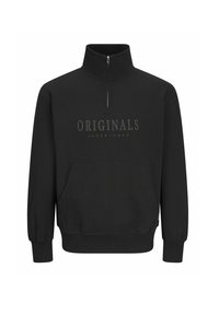 Der schwarze Sweatshirt mit halbem Reißverschluss verfügt über einen Stehkragen, eine Fronttasche im Känguru-Stil und einen geprägten Logo-Text in tonalem Finish über der Brust.