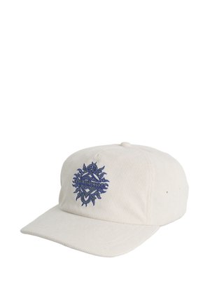 Beżowa czapka sztruksowa o usztywnionym kształcie, z niebieskim haftowanym motywem słońca i nazwą marki na przodzie. Płaski daszek z otworami wentylacyjnymi.