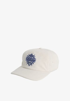 Casquette en velours côtelé beige à forme structurée, ornée d'un motif de soleil bleu brodé et du nom de la marque sur le devant. Visière plate avec trous de ventilation.