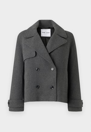 Gray wool-blend double-breasted jacket with large lapels, black buttons, and folded cuffs. Structured design, cropped length.