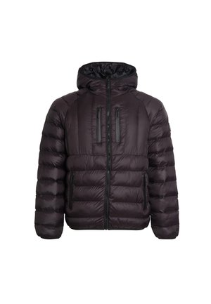 Casaco puffer roxo com capuz, apresentando textura matelassada, dois bolsos frontais com fecho zip e um fecho zip de comprimento total.