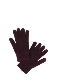 Guanti a maglia color bordeaux con una texture morbida, polsini a coste e design a cinque dita. Realizzati in materiale caldo e flessibile per comfort.