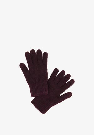 Burgundy knitted gloves with a soft texture, ribbed cuffs, and five-finger design. Made from warm, flexible material for comfort.