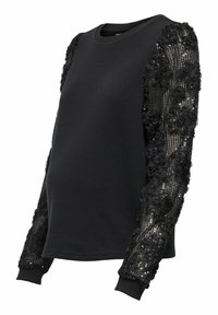 Must mustriga, millel on libisev bodi, tekstuursed mustad lilleline sädelevaid varrukaid, ümmargune kaelus ja elastsed mansetid. Pehme kangas sileda pinnaga.