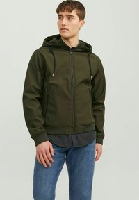Olive green hooded jacket with a front zipper, two side pockets, adjustable drawstrings, and ribbed cuffs and hem, worn over a checkered shirt.