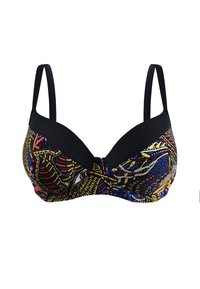 Stanik z fiszbinami z czarnymi skrzydłami, z kolorowym, abstrakcyjnym wzorem w odcieniach niebieskiego, żółtego i różowego. Lekko usztywniane miseczki z regulowanymi ramiączkami.