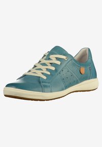 Light blue leather sneaker with cream laces, perforated design on sides, and a tan accent on the heel. Features a rubber sole.