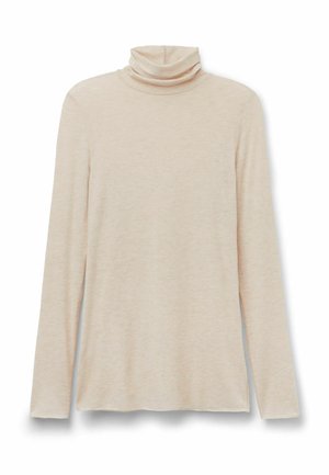 Beige coltrui met lange mouwen, gemaakt van zachte, gestructureerde stof. Heeft een hoge halsontwerp en een relaxte pasvorm.