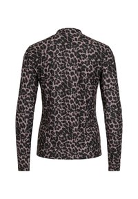 Chemise à manches longues avec un motif léopard noir et mauve, vue de dos sur un fond blanc.
