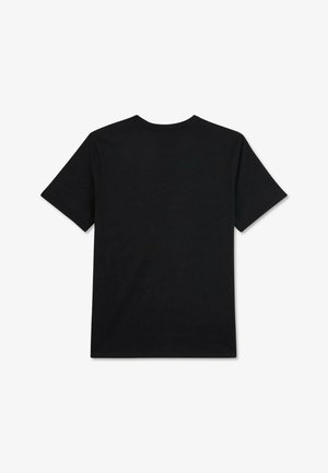 T-shirt noir unisexe avec un col rond, des manches courtes et un tissu en coton doux. La vue de dos présente un design simple et sans couture.