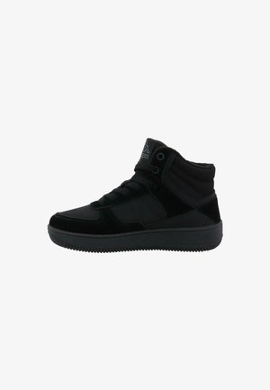 Sneaker alte nere in suede e tessuto, con una tomaia testurizzata, punta rotonda, chiusura con lacci e suola in gomma con motivo antiscivolo.