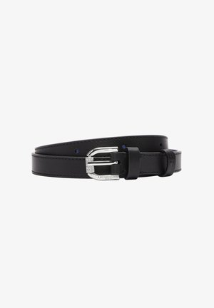 Black leather belt with a shiny silver buckle. Features a smooth texture, slim design, and multiple adjustment holes.