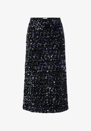 Czarna i fioletowa midi spódnica z cekinami, z dopasowanym pasem i subtelnym połyskiem, z elastycznym pasem i bez widocznych elementów metalowych.