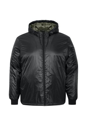 Black puffer jacket made of glossy, lightweight material. Features a hood, zip closure, elastic cuffs, and a green interior lining.