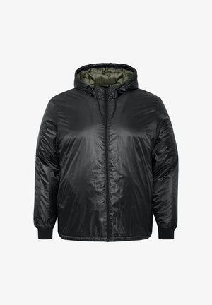 Black puffer jacket made of glossy, lightweight material. Features a hood, zip closure, elastic cuffs, and a green interior lining.