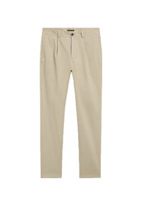 Chino beige in cotone, con frontale piatto, passanti per cintura e due tasche laterali. Vestibilità slim con una texture liscia e linee pulite.