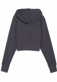 Sweat à capuche court en gris foncé, fabriqué en tissu doux. Comprend une capuche, des manches longues, ainsi que des poignets et un ourlet côtelés. Design simple.