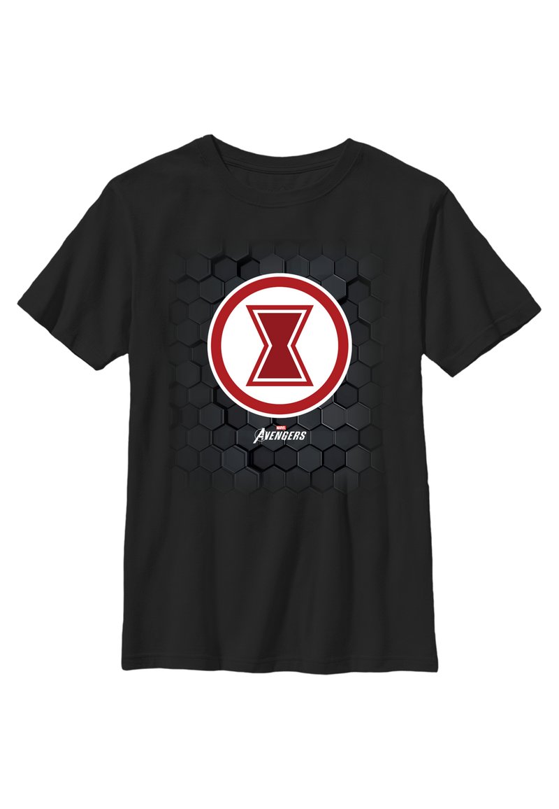 Černé tričko s červeným a bílým symbolem přesýpacích hodin na hexagonálním pozadí, pod logem je text "Avengers".