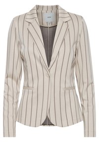 Béžový blazer s vertikálními hnědými pruhy, vyrobený z měkké tkaniny. Obsahuje klopový límeček, uzávěr na jeden knoflík a dvě přední kapsy.