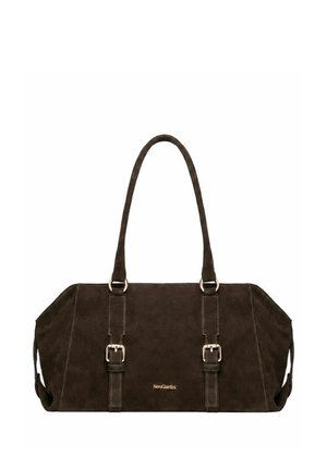 Dunkelbraune Wildleder-Handtasche mit zwei langen Riemen, silbernen Schnallen und "NeroGiardini" Logo in der vorderen Mitte.