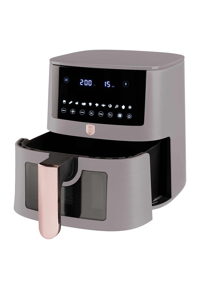Friteuse à air, finition gris mat avec un écran tactile noir, tiroir coulissant, poignée rose dorée et fenêtre de visualisation transparente.