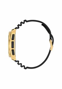 Reloj dorado con una correa de silicona negra que presenta un diseño ondulado. Esfera plana con tres botones de presión en el lado.