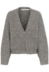 Grauer gerippter Cardigan aus weichem Strickmaterial, mit tiefem V-Ausschnitt, Knopfverschluss und zwei Fronttaschen. Lockere Passform mit langen Ärmeln.