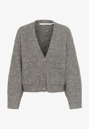 Sivi rebrasti kardigan iz mehkega pletenega materiala, z globokim V-izrezom, sprednjim gumbom in dvema sprednjima žepoma. Ohlapen kroj z dolgimi rokavi.
