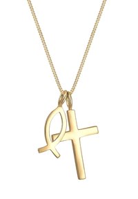 Goldene Halskette mit einer Kette, die zwei Anhänger zeigt: ein Fischsymbol und ein Kreuz. Beide Anhänger sind glatt, glänzend und minimalistisch im Design.