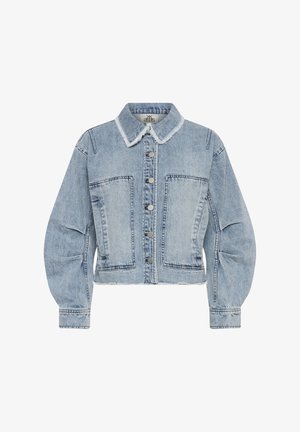 helehall sinine lühendatud teksajakk narmendava krae, nööpidega ees, pikad puhvvarrukad ja suured eesäärega taskud.