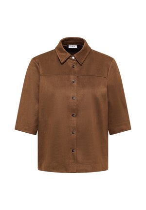 Braune kurzärmlige Hemdjacke aus weichem Stoff. Verfügt über einen Kragen, eine Knopfleiste und ein sauberes, minimalistisches Design ohne Muster.