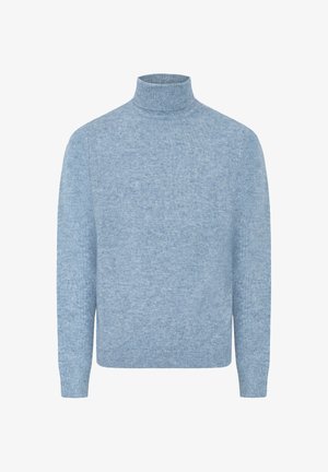 Hellblaue, gestrickte Rollkragenpullover mit langen Ärmeln. Weicher Stoff, figurbetontes Design und gerippte Bündchen und Saum. Keine Muster oder Verzierungen.