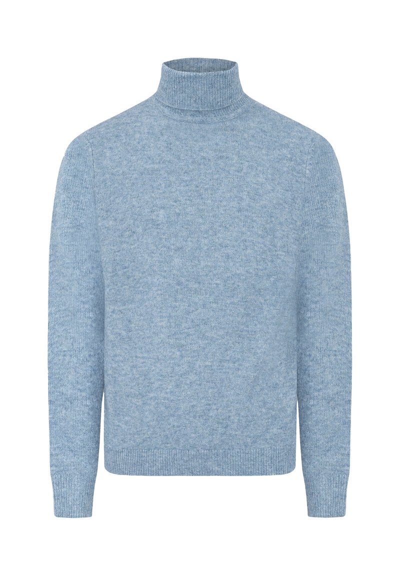 Suéter de cuello alto de punto en azul claro, con mangas largas. Textura suave, diseño ajustado y puños y dobladillo acanalados. Sin patrones ni adornos.