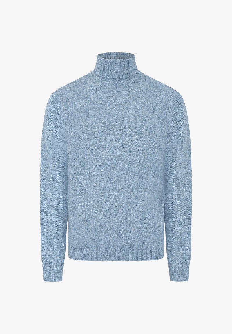 Lichtblauwe, gebreide turtleneck trui met lange mouwen. Zachte textuur, aansluitend ontwerp en geribde manchetten en zoom. Geen patronen of versieringen.