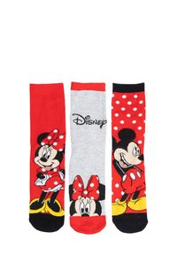 Tre paia di calzini con personaggi Disney. Colori rosso, grigio e nero con fantasie a pois e immagini dei cartoni animati di Topolino e Minnie.