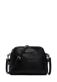 Borsa a tracolla nera in pelle con superficie texturizzata, hardware dorato, chiusura superiore con zip e tracolla regolabile. Presenta un accento con logo.