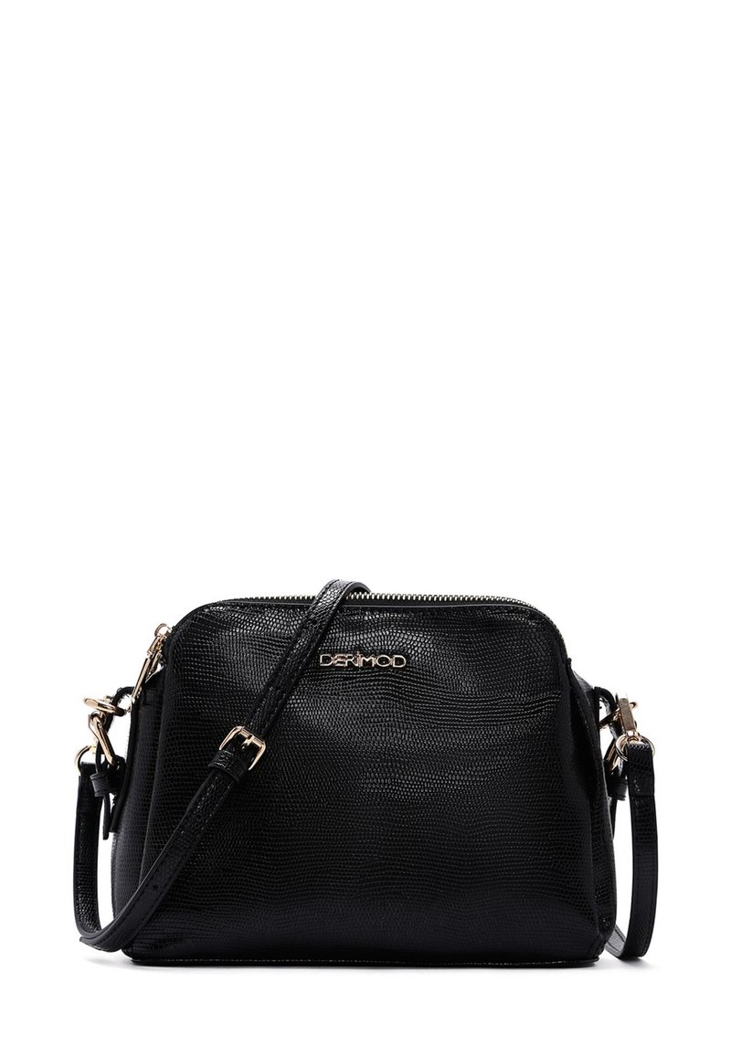 Borsa a tracolla nera in pelle con superficie texturizzata, hardware dorato, chiusura superiore con zip e tracolla regolabile. Presenta un accento con logo.