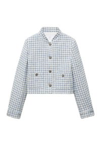 Giacca in tweed blu e bianco tagliata, con colletto alto, maniche lunghe e cinque bottoni decorativi sulla parte anteriore e sulle tasche.