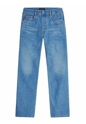 Jean denim droit bleu clair avec cinq poches, fermeture par bouton et fermeture éclair, et détails délavés sur les cuisses et les genoux.