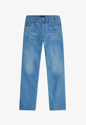 Jean denim droit bleu clair avec cinq poches, fermeture par bouton et fermeture éclair, et détails délavés sur les cuisses et les genoux.