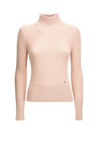 Jasnoróżowy sweter z golfem, wykonany z teksturowanej tkaniny, dopasowany fason i ściągacze przy mankietach. Posiada mały detal z logo w okolicy dołu.