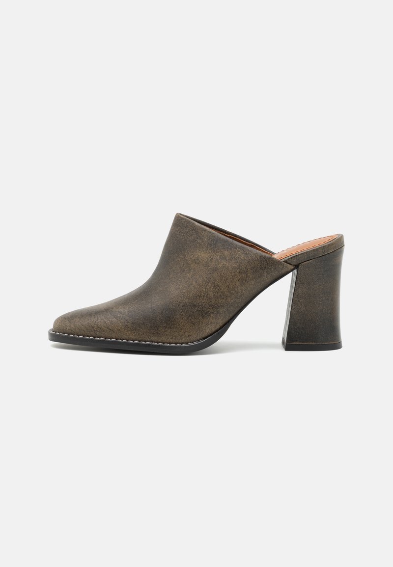 Brown heeled mules made of textured leather, featuring a rounded toe and a block heel. The design is minimalistic with a smooth finish.